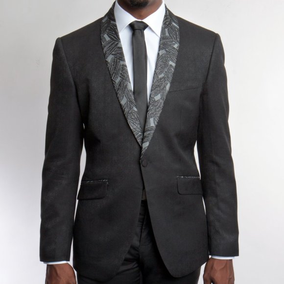 Mens Suit Jacket Slim-Fit w/ Textured Floral Shawl Lapel, Black